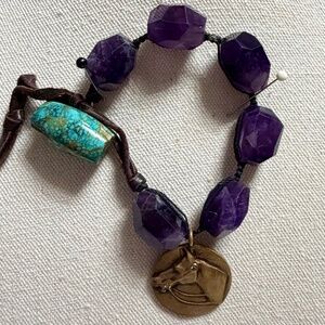 Love Tokens Amethyst & Turquoise Beaded Bracelet | Horse Charm | Leather Tie